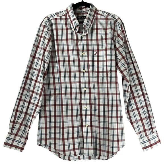 Nautica A Bit Trimmer Red Blue White Plaid Long Sleeve Button Up Shirt Size M - Picture 1 of 3